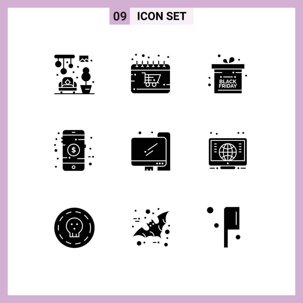 paquete de 9 signos y símbolos de glifos sólidos modernos para medios de impresión web, como elementos de diseño de vectores editables en línea para comprar el viernes negro de la computadora de regreso a la escuela