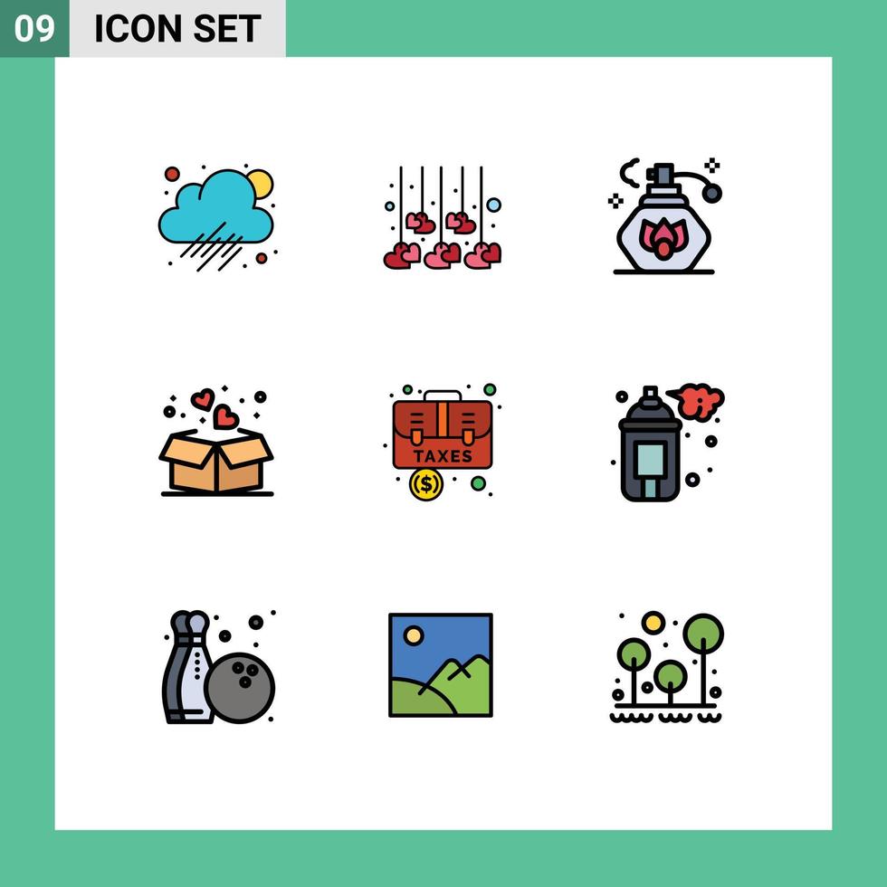 User Interface Pack of 9 Basic Filledline Flat Colors of baggage accounting spray islamic heart Editable Vector Design Elements