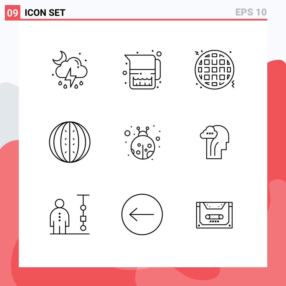 9 Thematic Vector Outlines and Editable Symbols of lady bug watermelon waffle melon food Editable Vector Design Elements