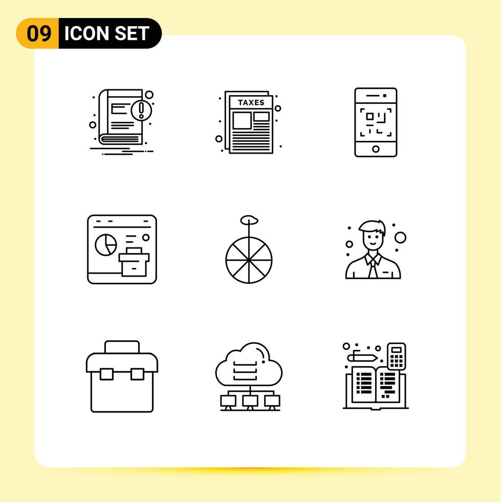 9 Creative Icons Modern Signs and Symbols of wheel report barcode data browser Editable Vector Design Elements