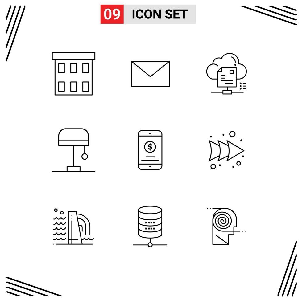 Universal Icon Symbols Group of 9 Modern Outlines of mobile money light file lamp document Editable Vector Design Elements