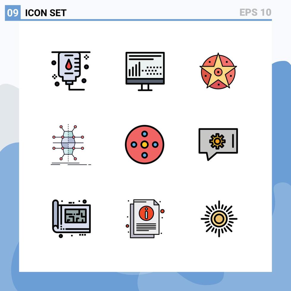 9 símbolos de signos de color plano de línea de relleno universal de distribución de infraestructura de pentáculo de red de carrete de cámara elementos de diseño de vector editables