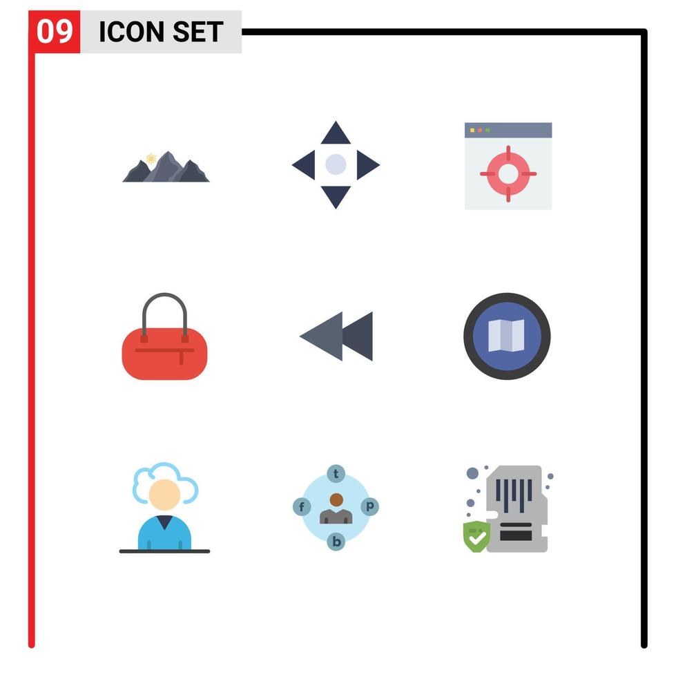 conjunto de pictogramas de 9 colores planos simples de elementos de diseño de vector editables de bolsa de flecha de aplicación de rebobinado hacia atrás