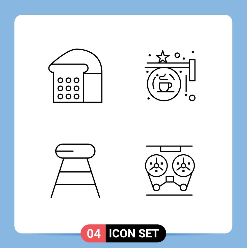 4 User Interface Line Pack of modern Signs and Symbols of bread drink board shop seat Editable Vector Design Elements