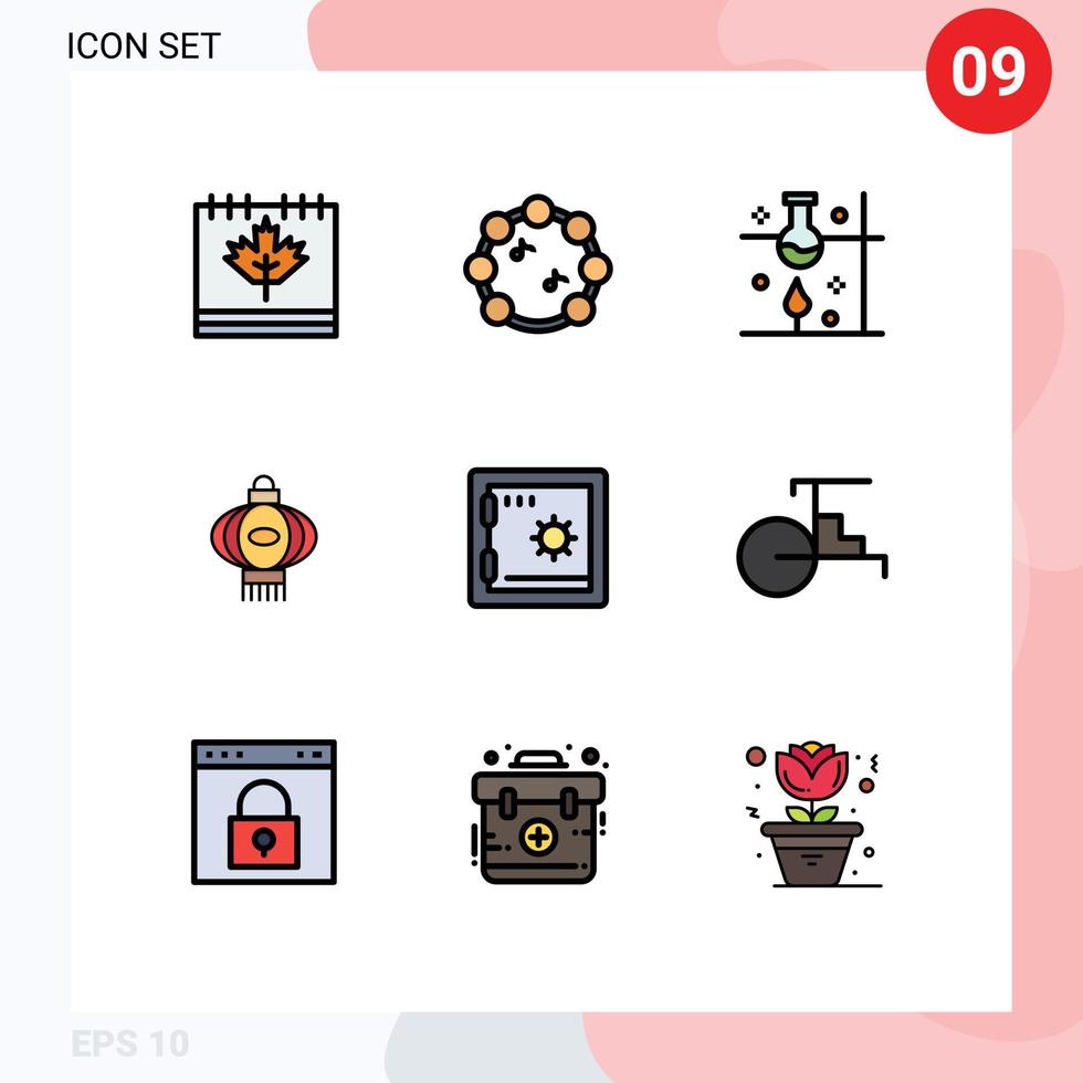 Pack of 9 creative Filledline Flat Colors of bank china laboratory light science lab Editable Vector Design Elements