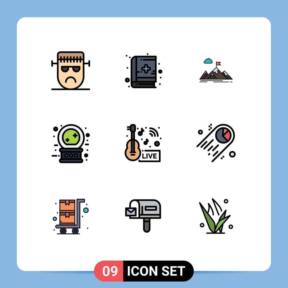 Group of 9 Modern Filledline Flat Colors Set for halloween crystal ball achievement target mission Editable Vector Design Elements