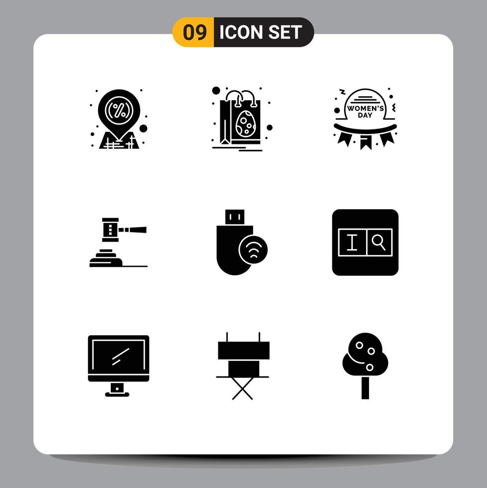 Set of 9 Commercial Solid Glyphs pack for gavel auction day action badge Editable Vector Design Elements