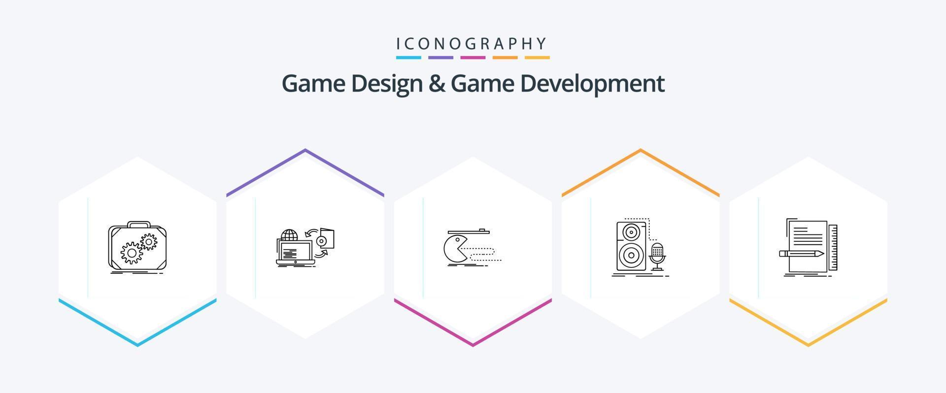 paquete de iconos de 25 líneas de diseño y desarrollo de juegos que incluye micrófono. En Vivo. publicar. pac-man juego vector