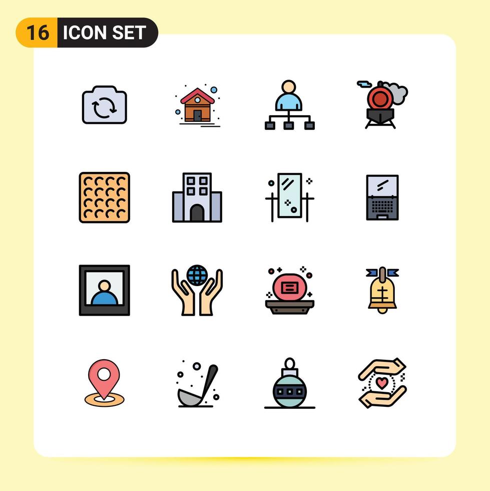 Modern Set of 16 Flat Color Filled Lines and symbols such as waffle cookie user transport retro Editable Creative Vector Design Elements