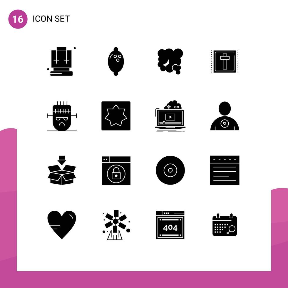 Group of 16 Modern Solid Glyphs Set for horror sign dust holiday corss Editable Vector Design Elements