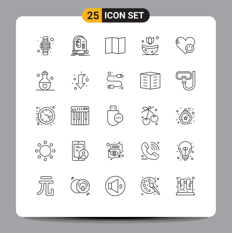 Mobile Interface Line Set of 25 Pictograms of heart off machine shutdown spa Editable Vector Design Elements