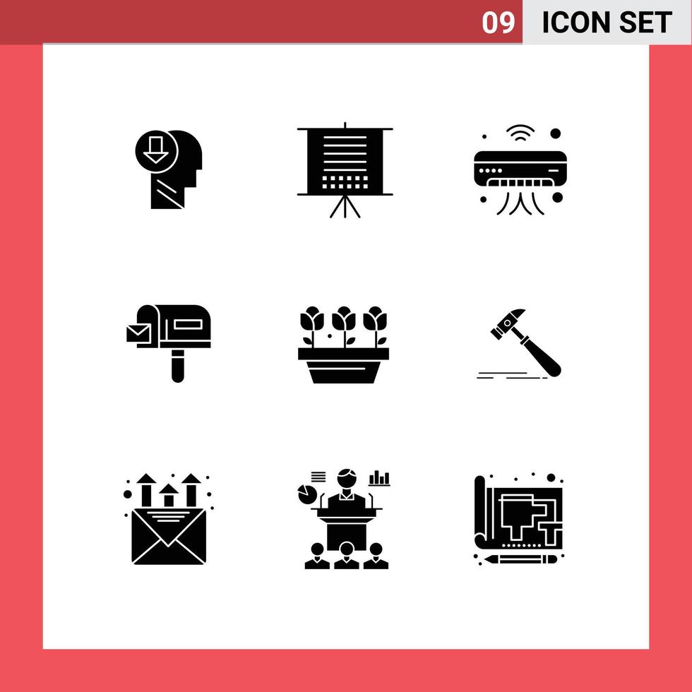 9 User Interface Solid Glyph Pack of modern Signs and Symbols of flower mail web box iot Editable Vector Design Elements