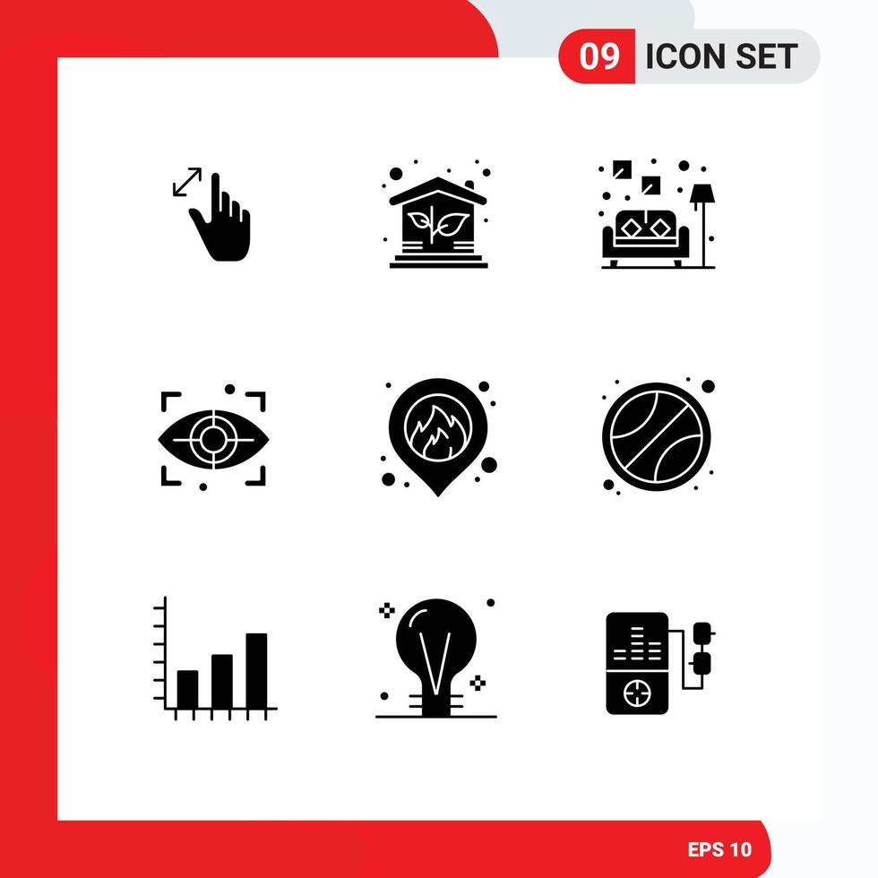 Mobile Interface Solid Glyph Set of 9 Pictograms of map fire property security eye Editable Vector Design Elements