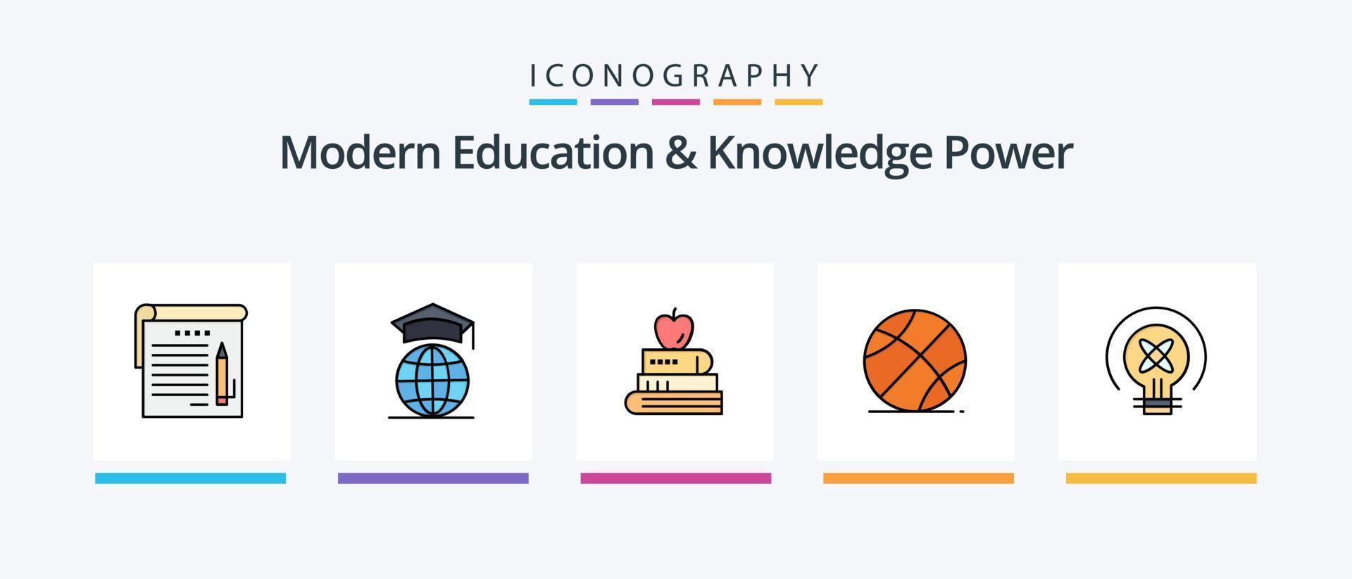 Modern Education And Knowledge Power Line Filled 5 Icon Pack Including office. online. bag. education. pen. Creative Icons Design vector