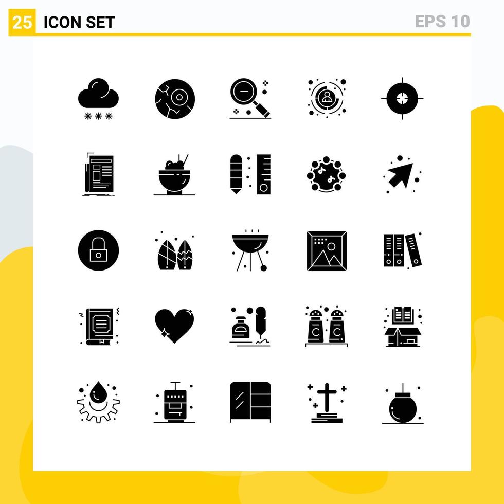 Pack of 25 creative Solid Glyphs of aim hr magnifier customer ui Editable Vector Design Elements