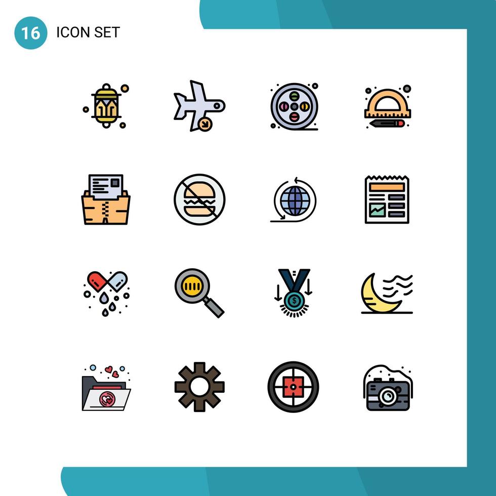 paquete de 16 líneas llenas de colores planos modernos, signos y símbolos para medios de impresión web, como regla zip, transporte, educación, artes, elementos de diseño de vectores creativos editables