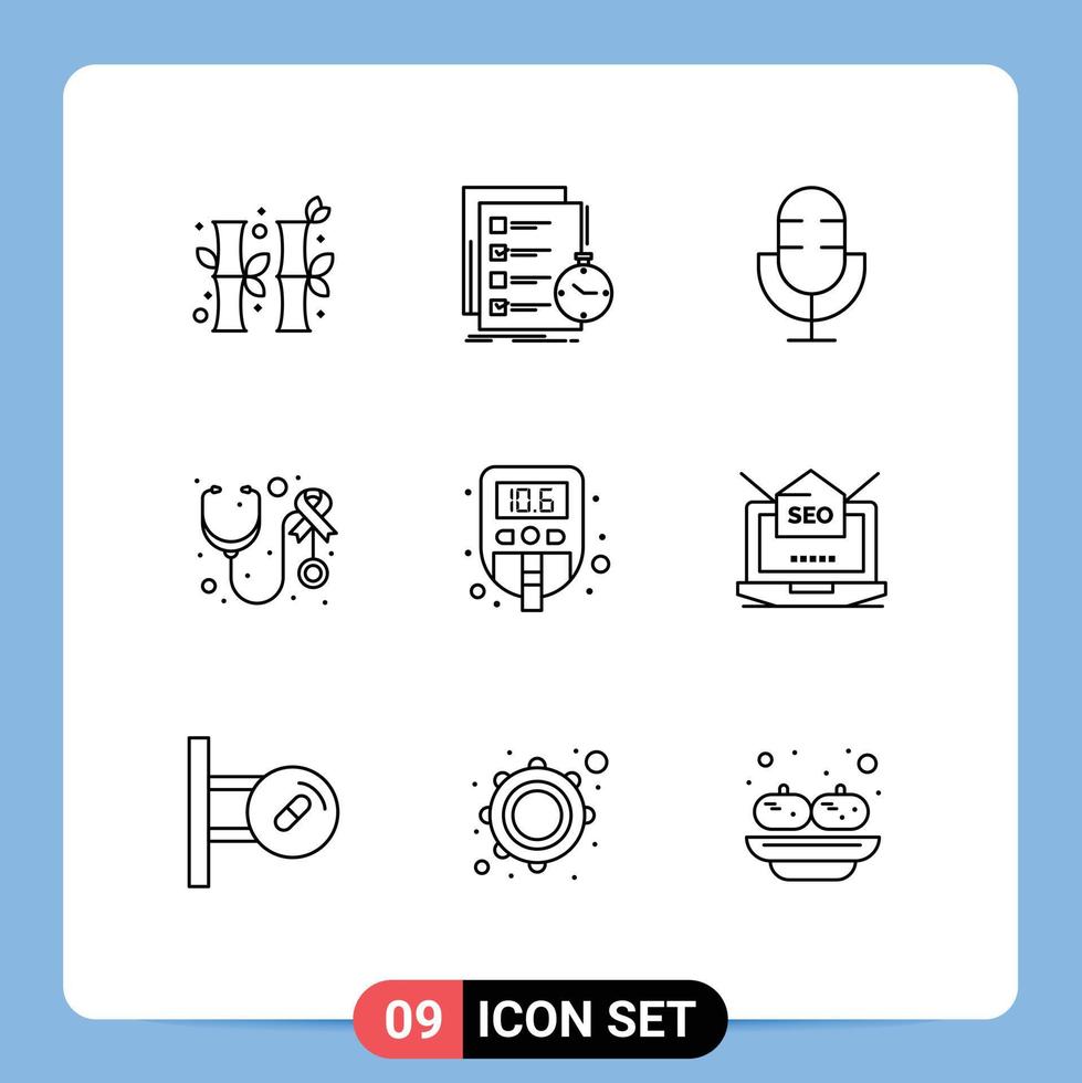 Mobile Interface Outline Set of 9 Pictograms of care stethoscope time health products Editable Vector Design Elements