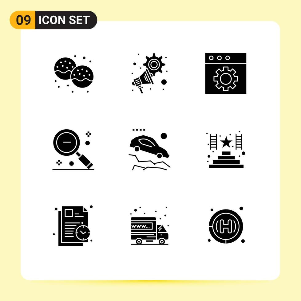 9 Thematic Vector Solid Glyphs and Editable Symbols of accident search settings out magnifier Editable Vector Design Elements