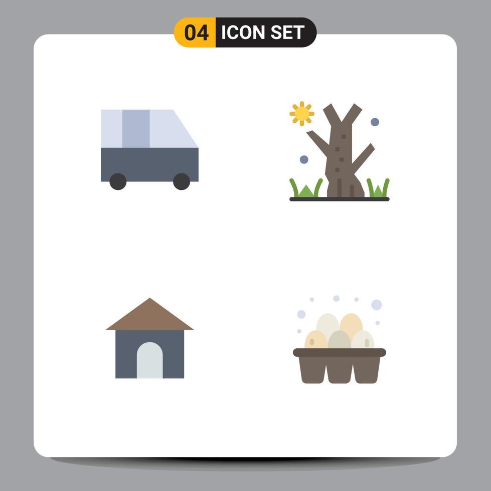 4 Universal Flat Icons Set for Web and Mobile Applications delivery van house passenger van tree egg Editable Vector Design Elements