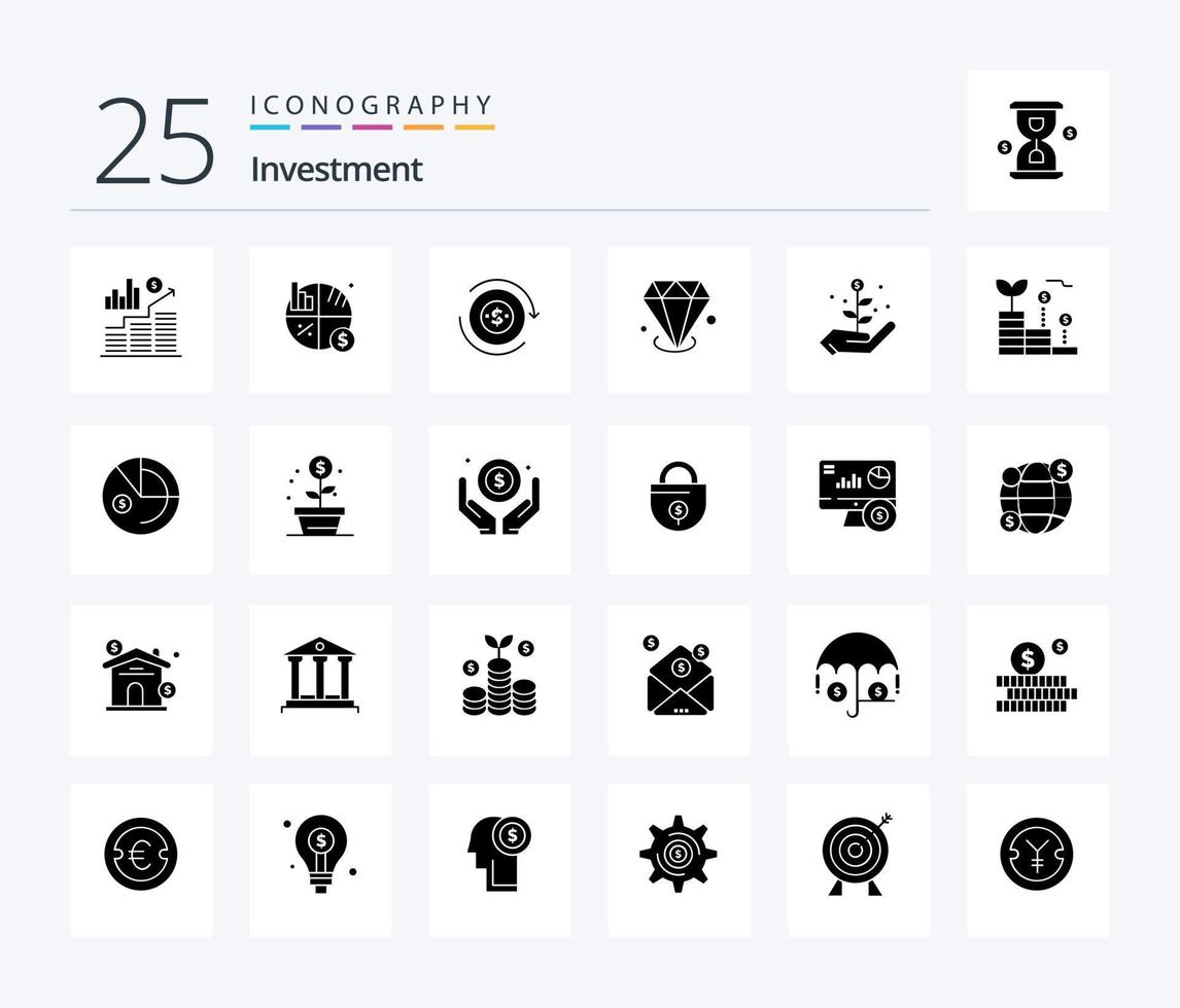 Investment 25 Solid Glyph icon pack including investment. finance. diamonf. startup. growth vector