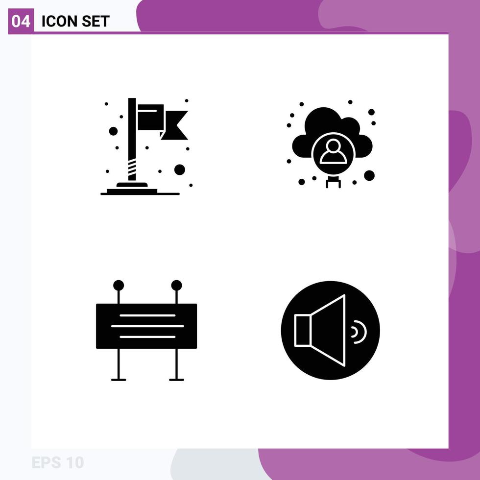 Pack of 4 Modern Solid Glyphs Signs and Symbols for Web Print Media such as flag traffic barrier account user sound Editable Vector Design Elements