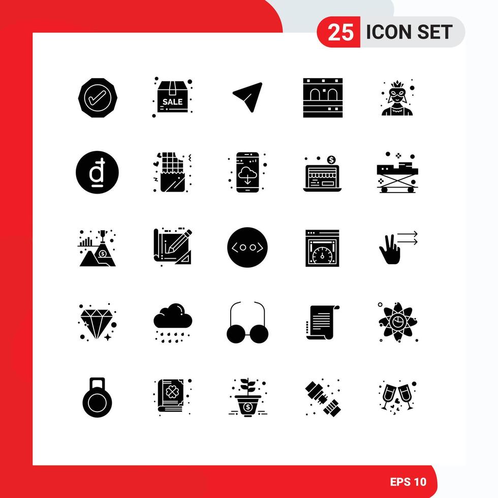 25 User Interface Solid Glyph Pack of modern Signs and Symbols of character mask arrow train door Editable Vector Design Elements