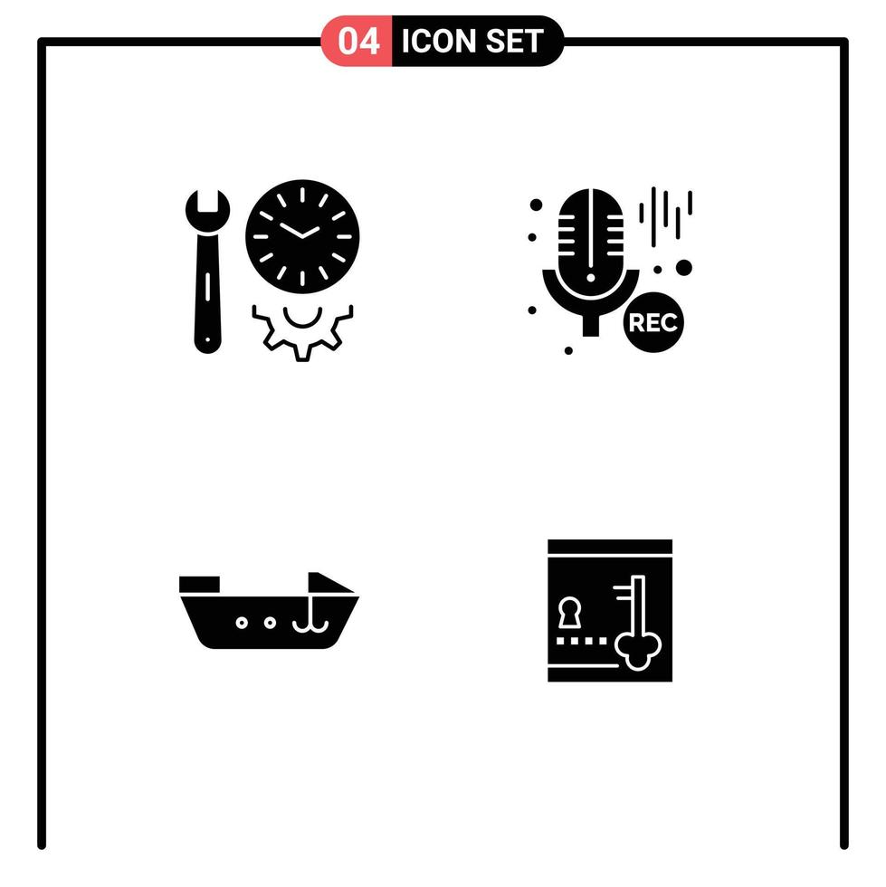 conjunto moderno de 4 pictogramas de glifos sólidos de configuración de barco de reloj elementos de diseño de vector editables de velocidad de micrófono