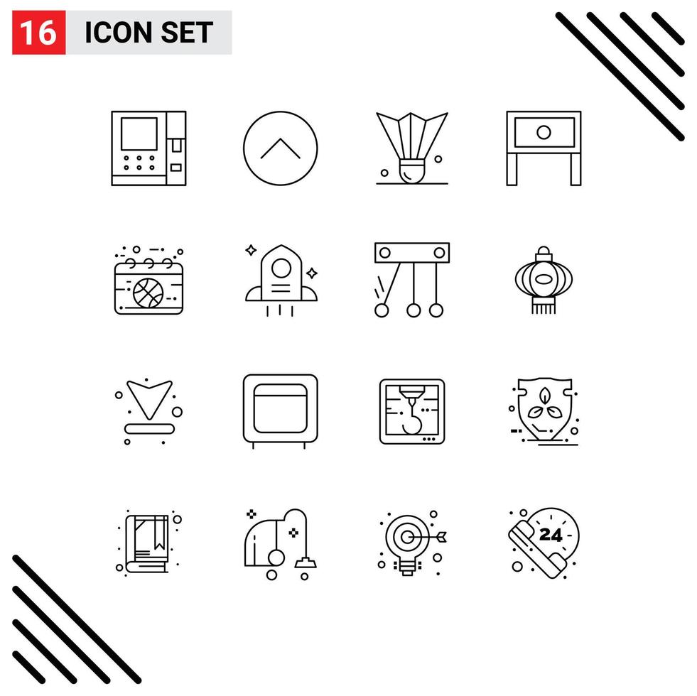 Universal Icon Symbols Group of 16 Modern Outlines of calendar interior badminton birdie household end Editable Vector Design Elements
