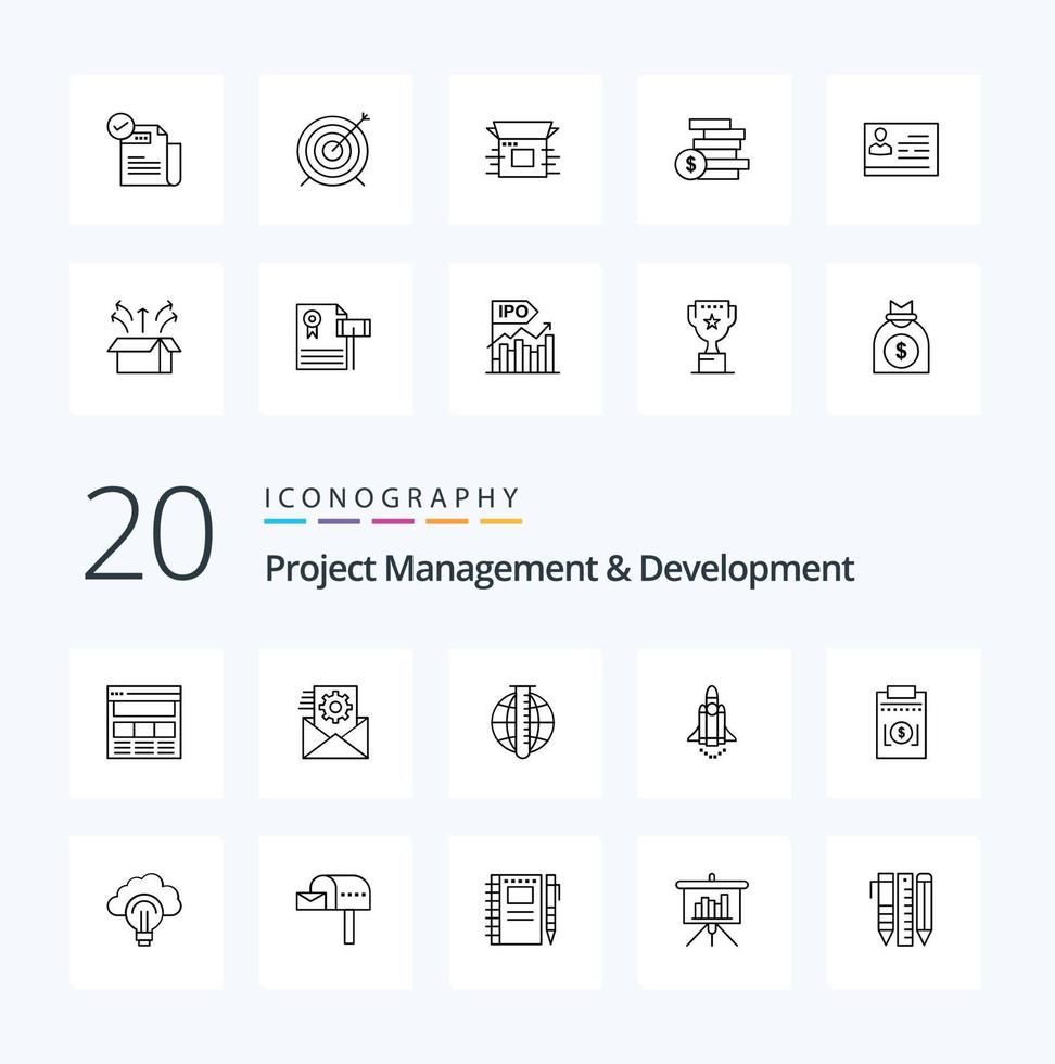 20 Project Management And Development Line icon Pack like promote launching  integration launch  market vector