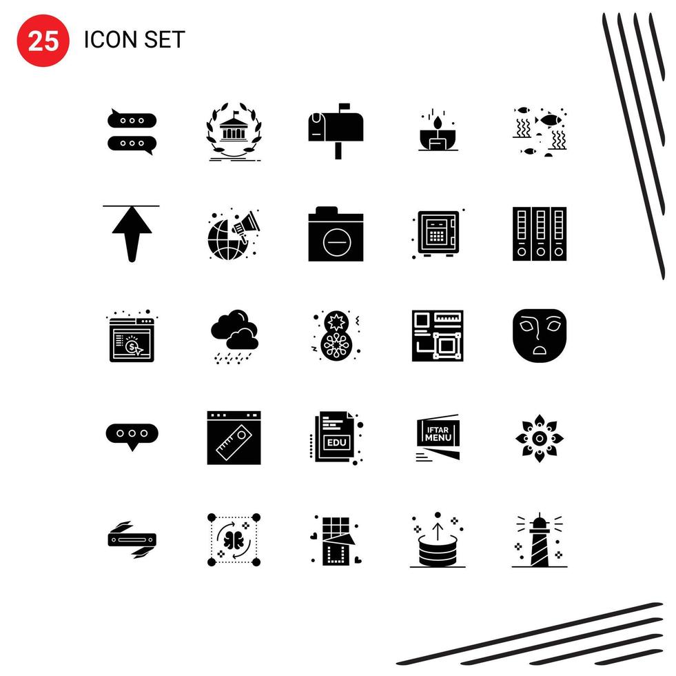 Pack of 25 Modern Solid Glyphs Signs and Symbols for Web Print Media such as shine light building dark postbox Editable Vector Design Elements