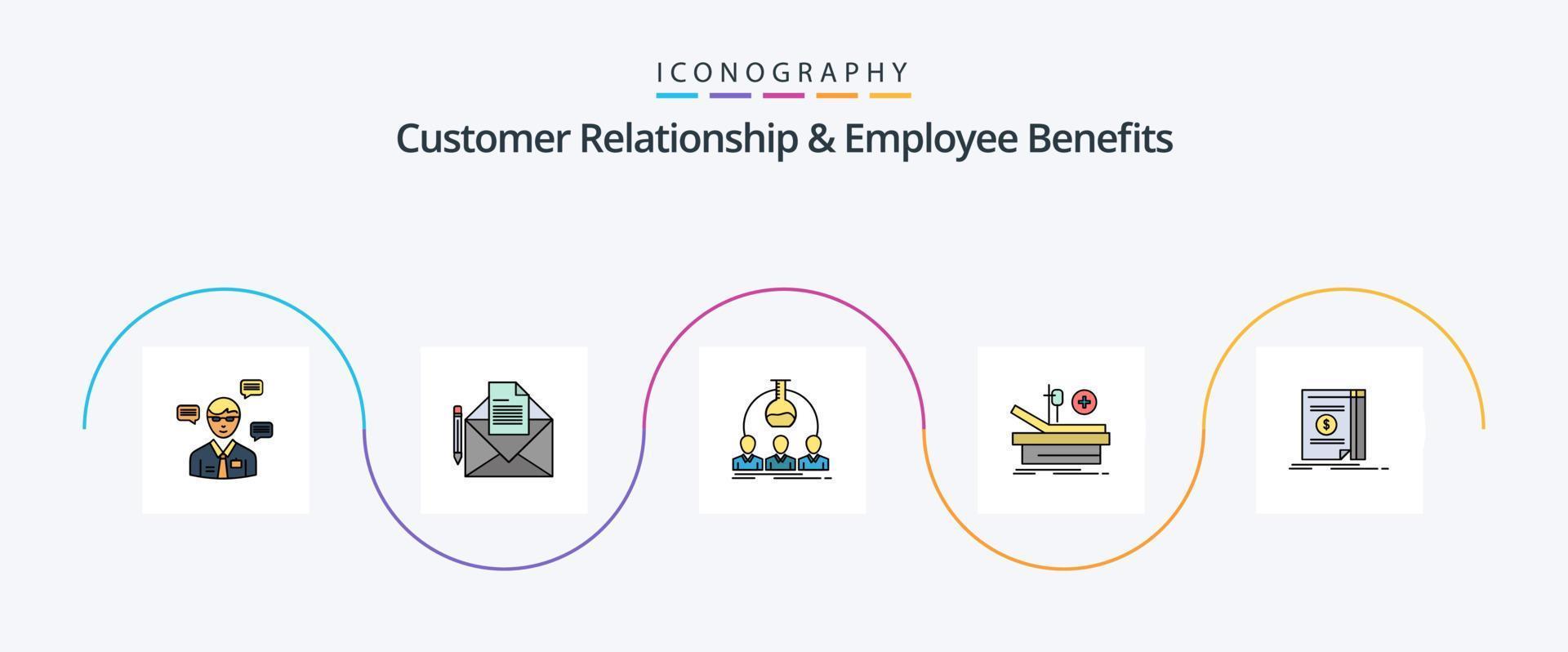 la relación con el cliente y la línea de beneficios para empleados llenaron un paquete de iconos planos de 5, incluido el hospital. teatro. carta. operación. experimento vector