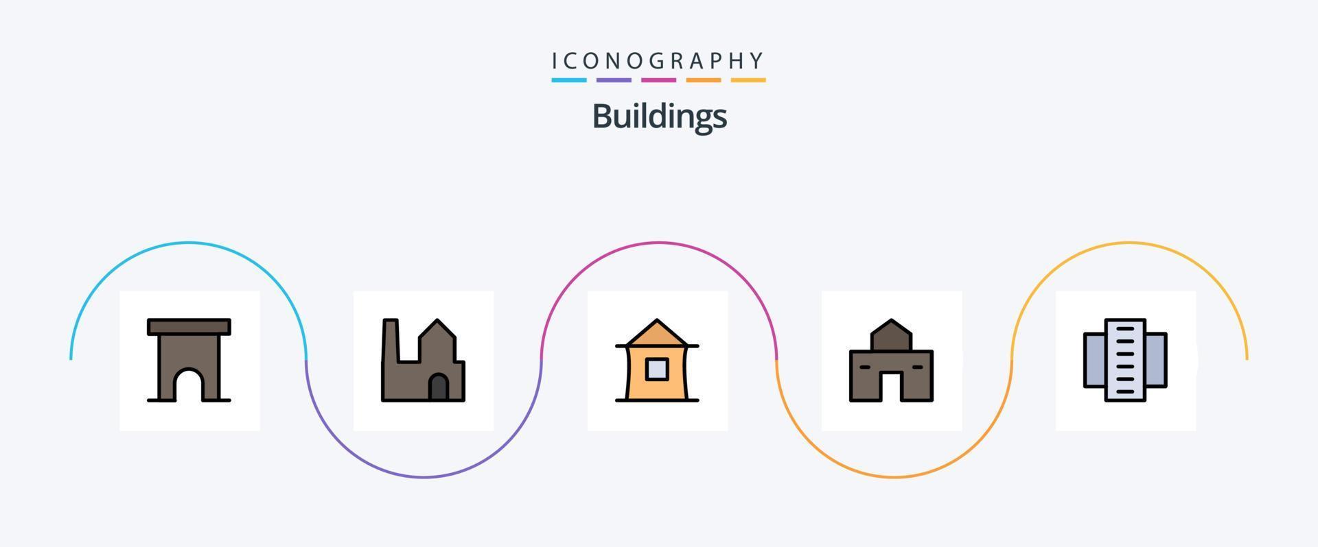 la línea de edificios llenó el paquete de iconos planos 5 que incluye pisos. edificio. industria. apartamentos cabaña vector