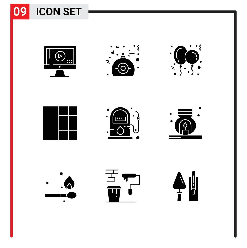 Group of 9 Modern Solid Glyphs Set for pump gas balloon energy grid Editable Vector Design Elements