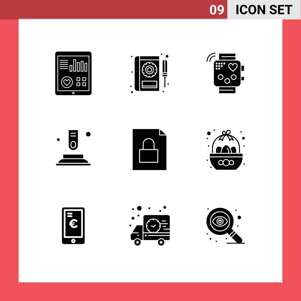 Pack of 9 Modern Solid Glyphs Signs and Symbols for Web Print Media such as finger press repair monitoring fitness Editable Vector Design Elements