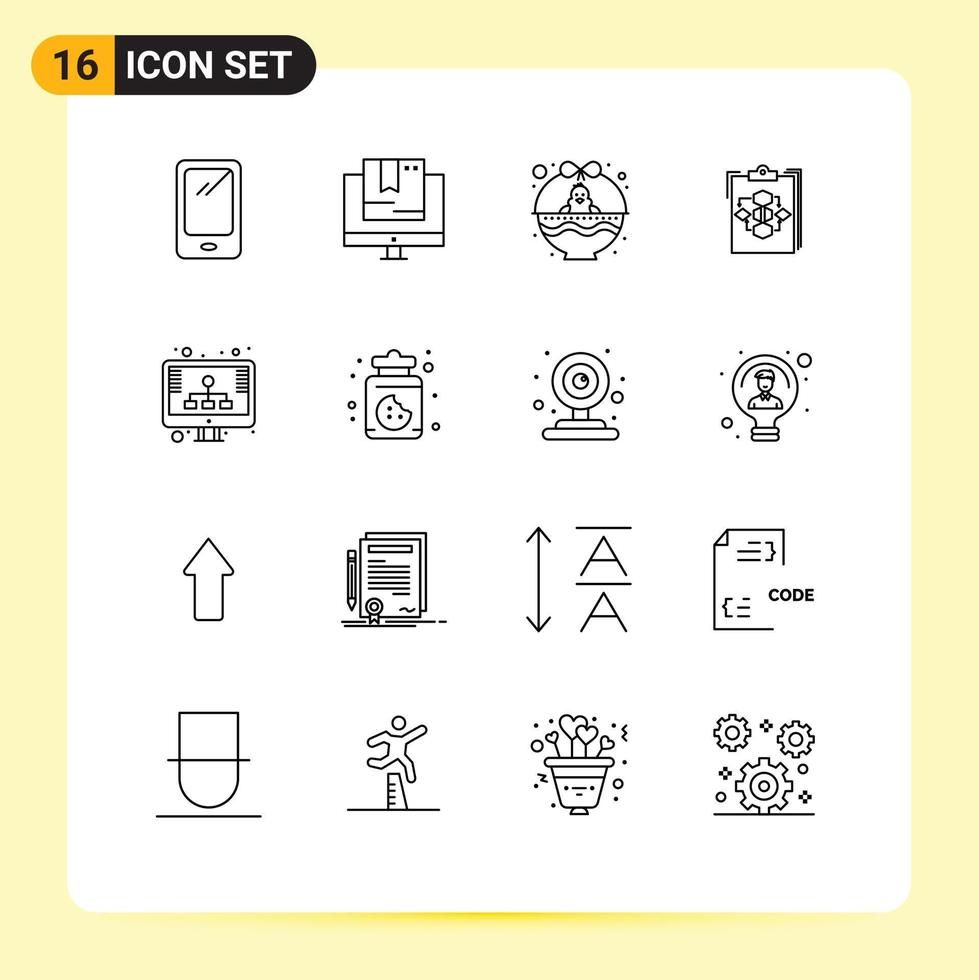 Pack of 16 Modern Outlines Signs and Symbols for Web Print Media such as diagram clipboard shop baby chicken easter Editable Vector Design Elements
