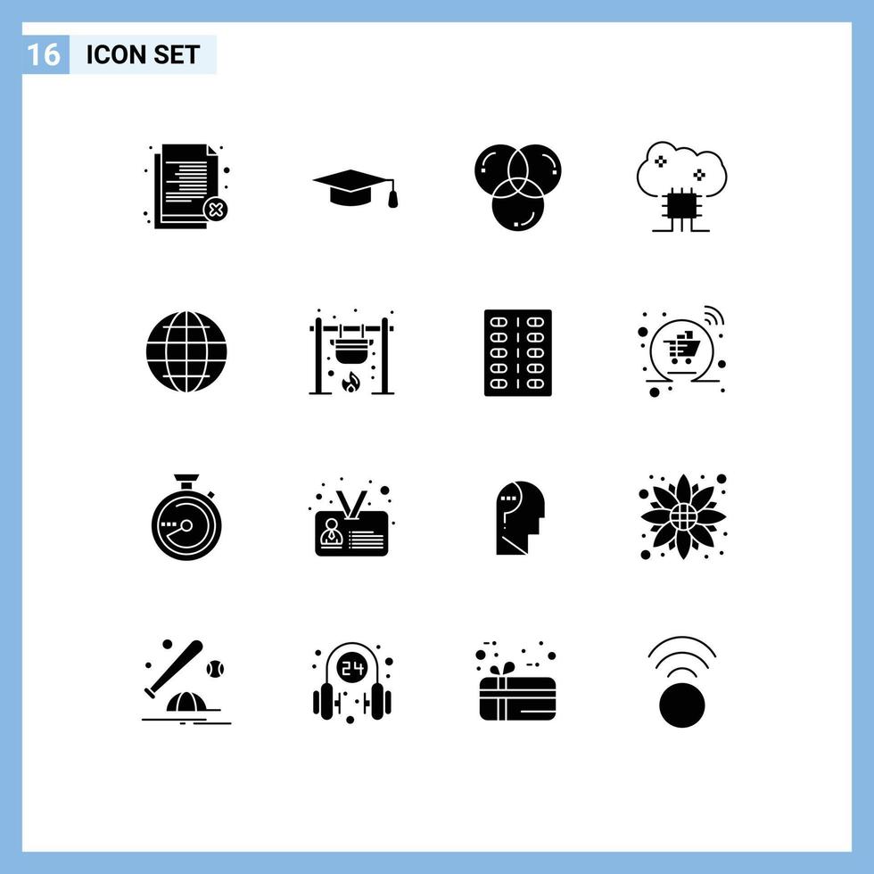 conjunto de glifos sólidos de interfaz móvil de 16 pictogramas de software en la nube codificación de redes en la nube programación de bases de datos en la nube elementos de diseño vectorial editables vector