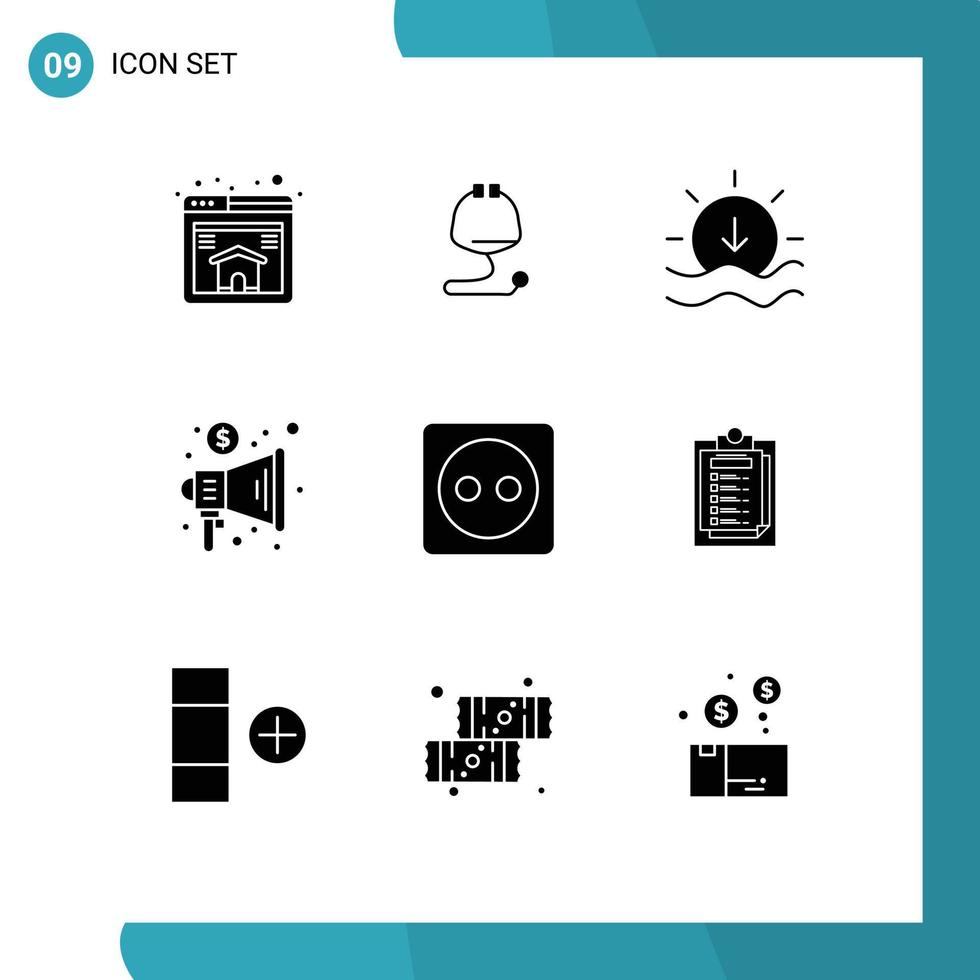 Group of 9 Solid Glyphs Signs and Symbols for power eco sunset plug board megaphone Editable Vector Design Elements