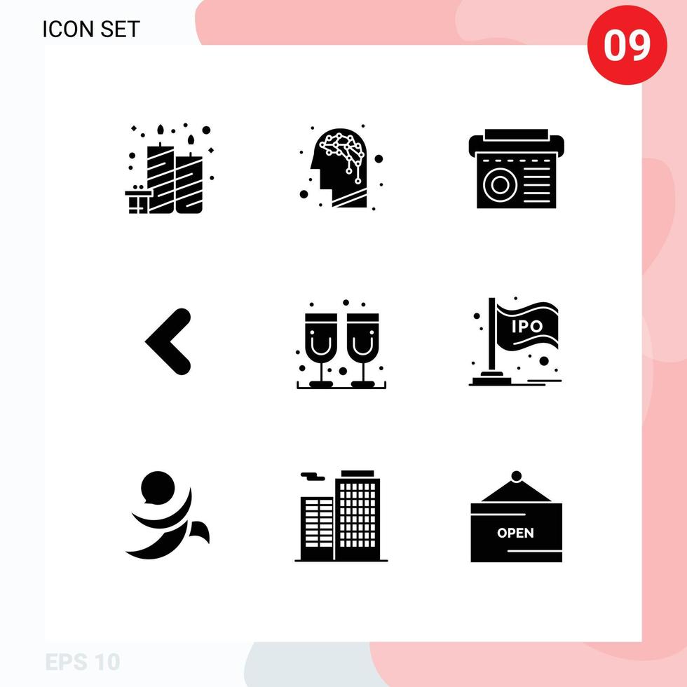 Universal Icon Symbols Group of 9 Modern Solid Glyphs of juice glass glass equipment left back Editable Vector Design Elements