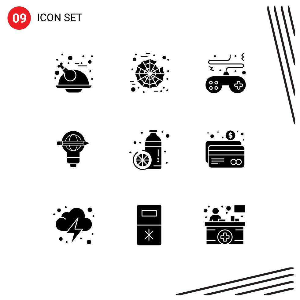 Universal Icon Symbols Group of 9 Modern Solid Glyphs of bottle bulb pad globe success Editable Vector Design Elements