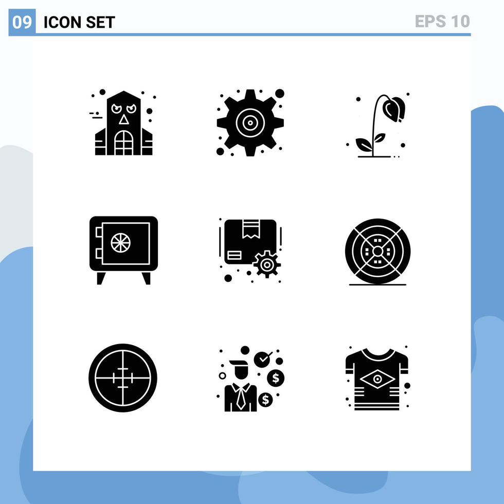 Mobile Interface Solid Glyph Set of 9 Pictograms of gear package floral box locker Editable Vector Design Elements
