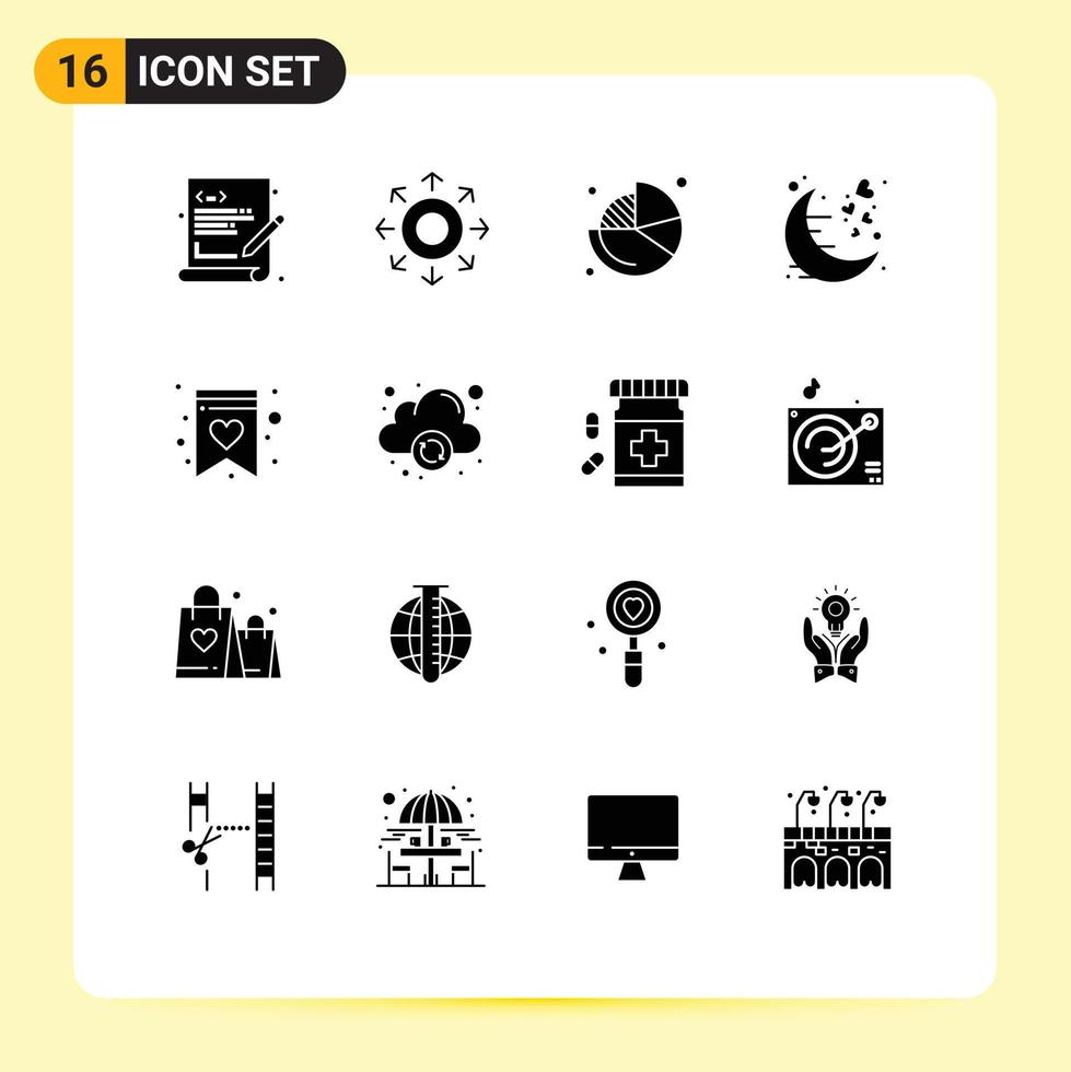 Modern Set of 16 Solid Glyphs and symbols such as favorite night business moon date Editable Vector Design Elements