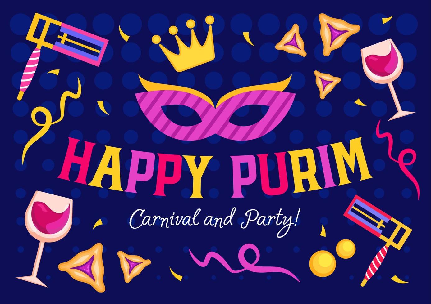 Happy Purim holiday banner, invitation and greeting card with mask, crown, beanbags, wine glasses and confetti for jewish Purim holiday on March. Vector illustration.