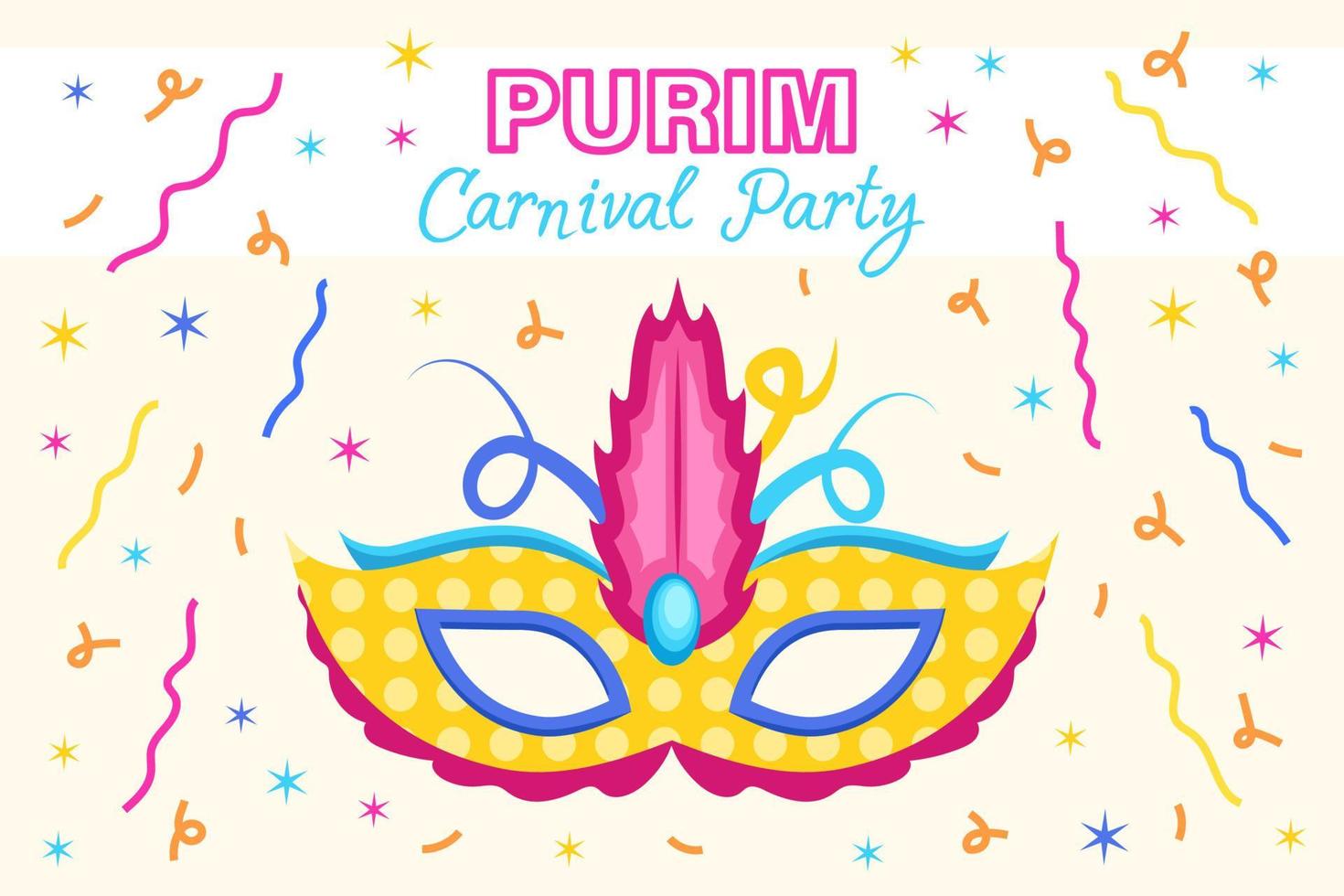 máscara de carnaval de vacaciones purim con confetti en el fondo, pancarta de fiesta de carnaval, saludo de invitación, afiche de fiesta vectorial. vector