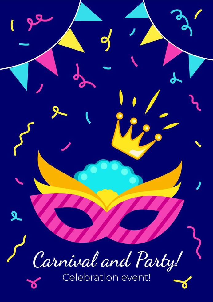 Afiche vectorial de carnaval con máscara de colores brillantes y corona con confeti en caída, pancarta, invitación, tarjeta de saludo. vector