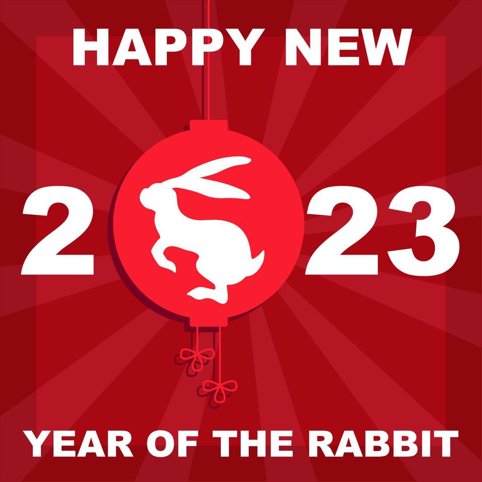 Red Chinese New Year postcard with Rabbit zodiac sign, symbol of 2023, graphic design card with beams on the background, vector banner, card, invitation, greeting.