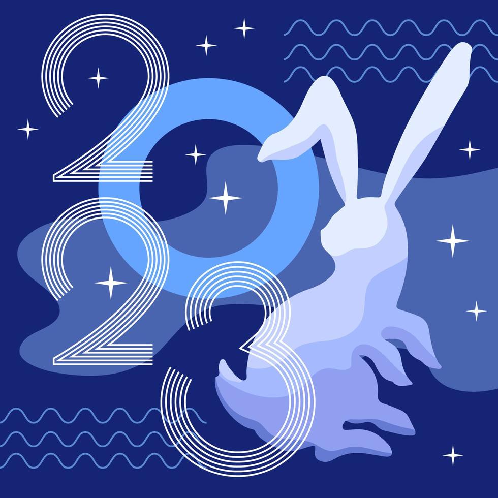 2023 Chinese New Year postcard with water zodiacal rabbit in the night sky with clouds and stars on the background. Vector graphic poster, banner, invitation and greeting card.