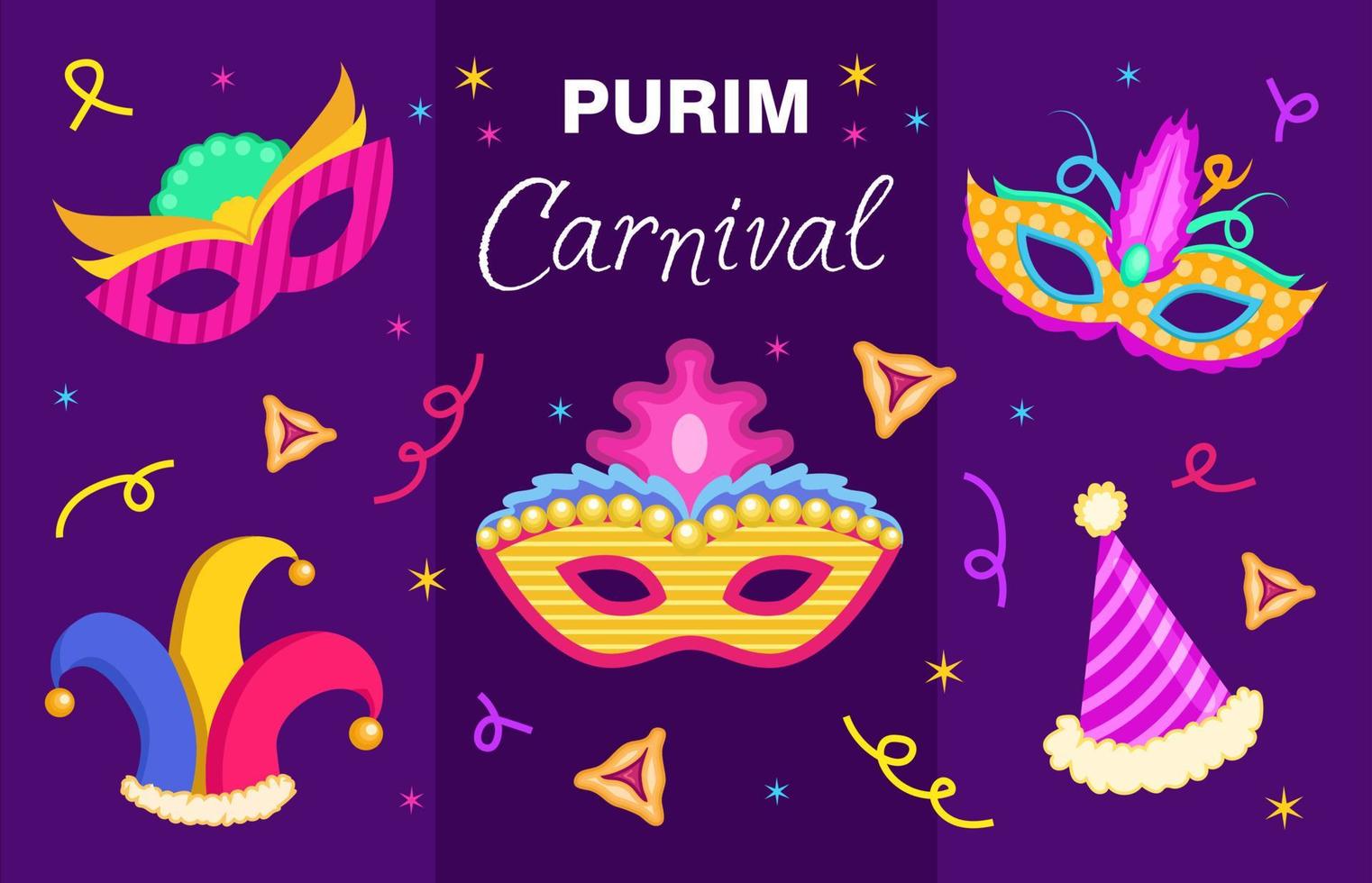 grupo de elementos vectoriales de vacaciones purim, tres máscaras, sombrero de arlequín, cono de fiesta, hamantaschen y confetti vector