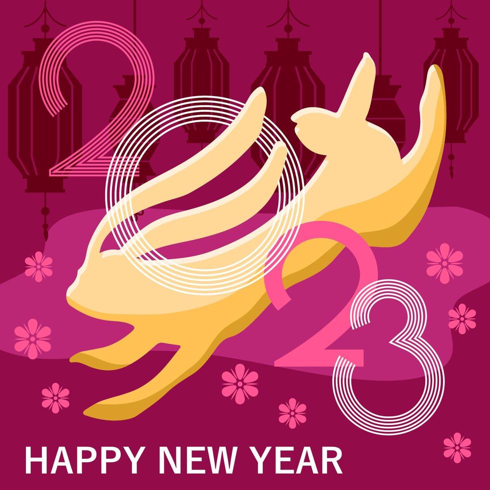 2023 Chinese New Year postcard with zodiacal Rabbit sign with Chinese lanterns and flowers on the background. Vector graphic poster, template, banner, invitation and greeting card.