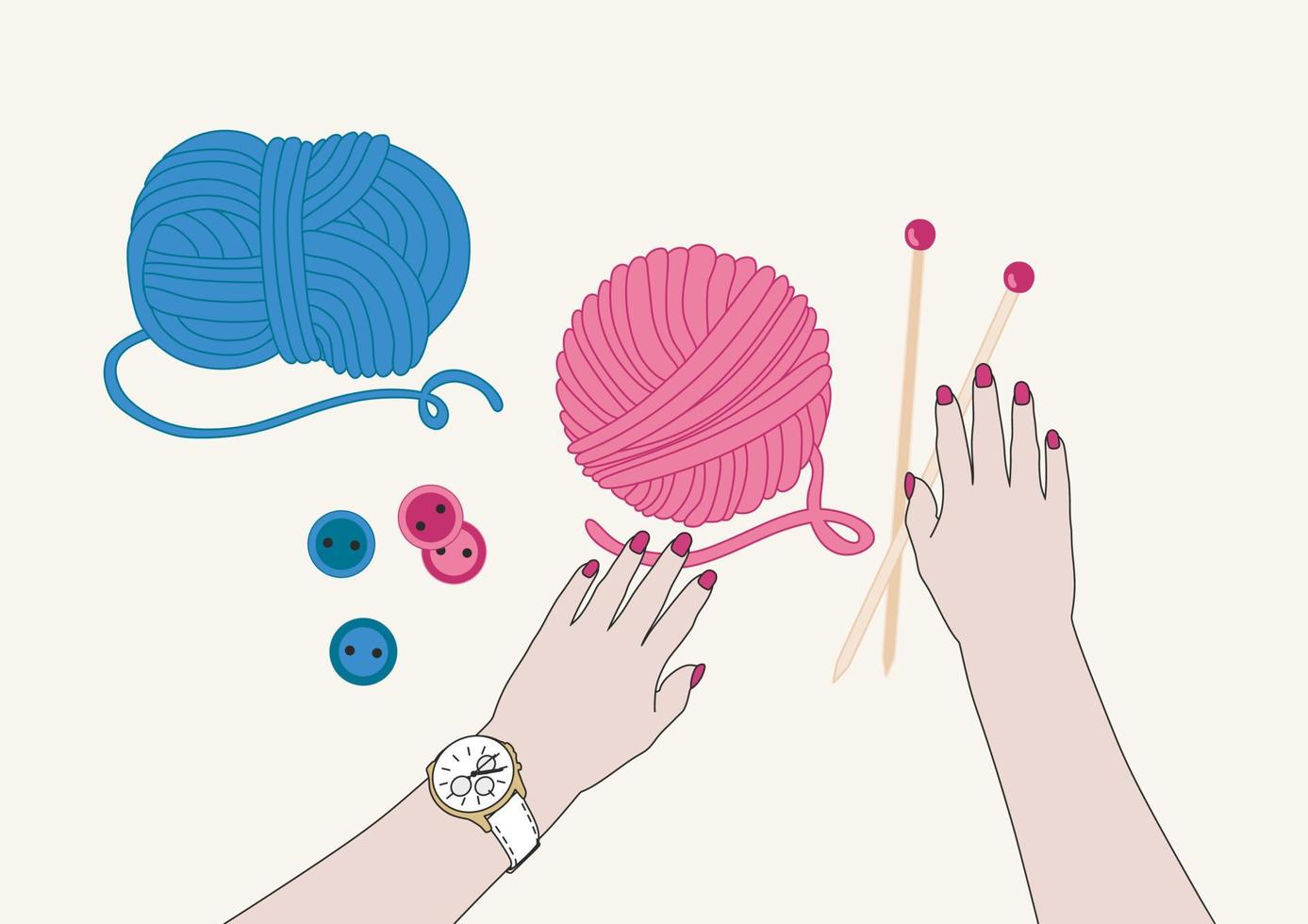 Knitting process, top view on hands holding needles. yarn and balls of thread. vector