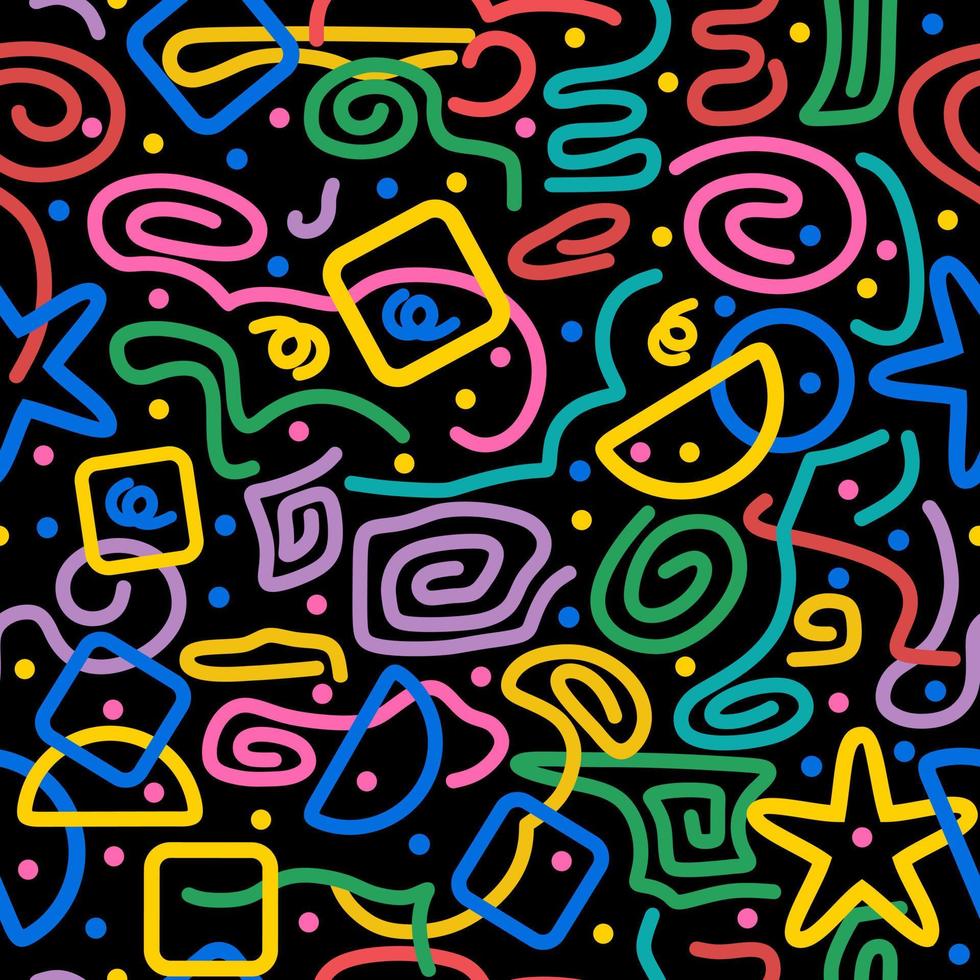 Colorful seamless pattern. Circles, serpentine, dots, squares, half circle, stars, stripes, wavy lines. Fun colorful line doodle shape background. Black background. Abstraction. vector